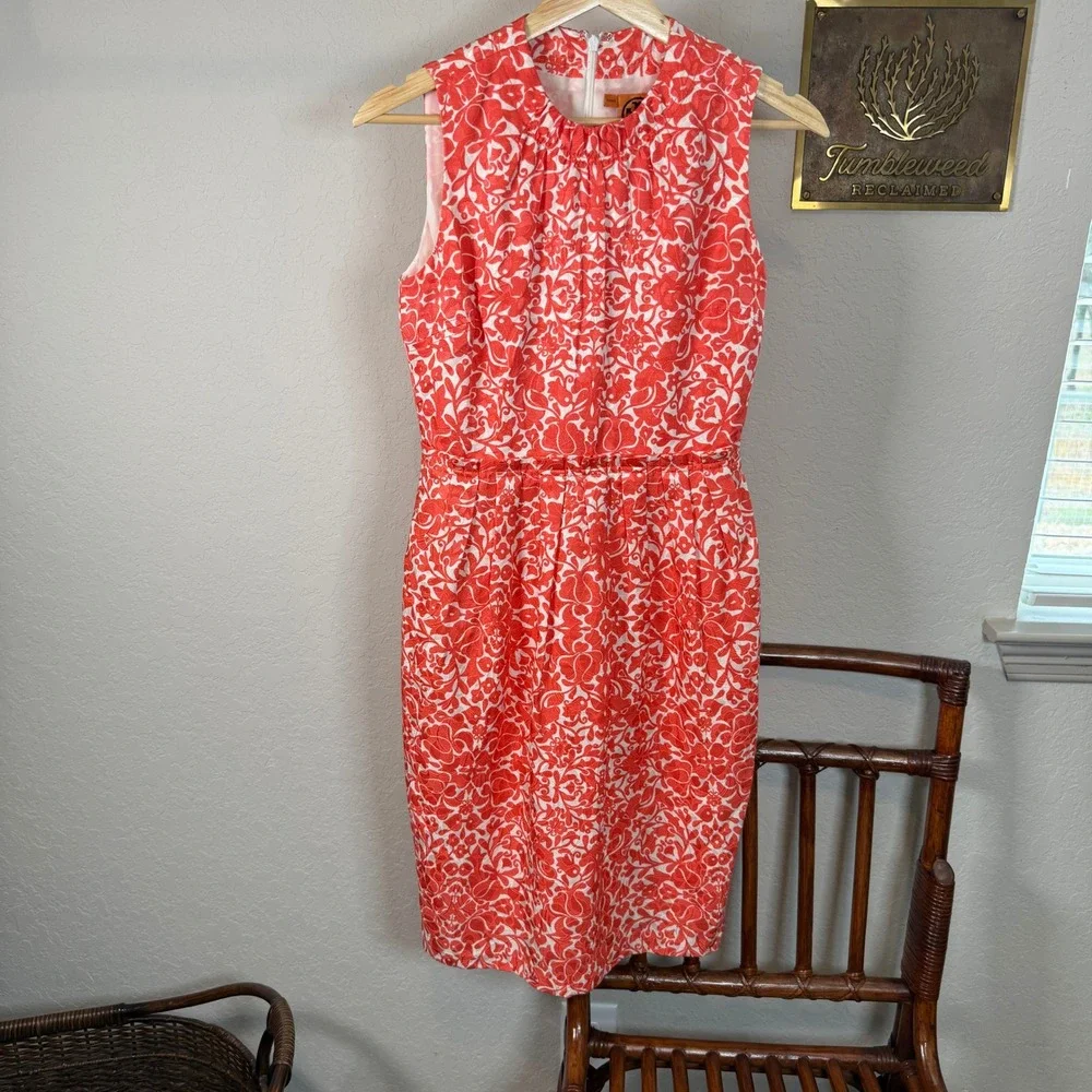 Tory Burch Orange White Floral Silk Cotton Sheath Dress Size 0 Sleeveless
